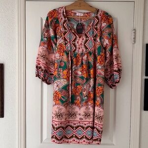 BLUETIME tie neck flowy shirt dress w 3/4 elastic/blousy sleeve MULTI sz M - NWT